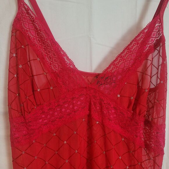 Rampage Y2K Babydoll Sheer Lace Trim Tunic Dress Women's 1X Red Silver Lingerie - Picture 4 of 10